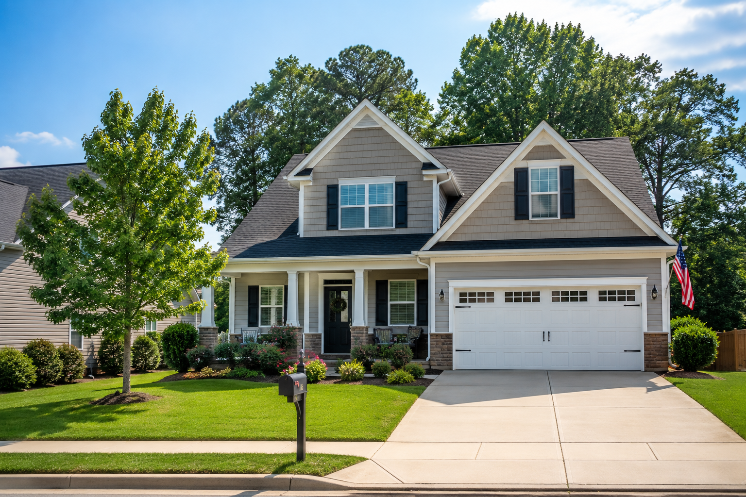 A suburban family home with a front lawn